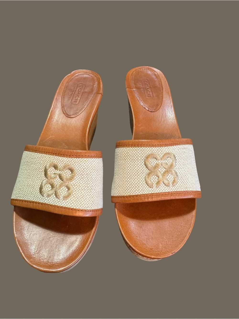 Coach Tan Leather & Cream Canvas Slide Mules
